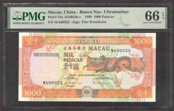 Macau 1000 1,000 Patacas Dragon Sign. Title Presidente P-75a 1999 PMG 66 EPQ