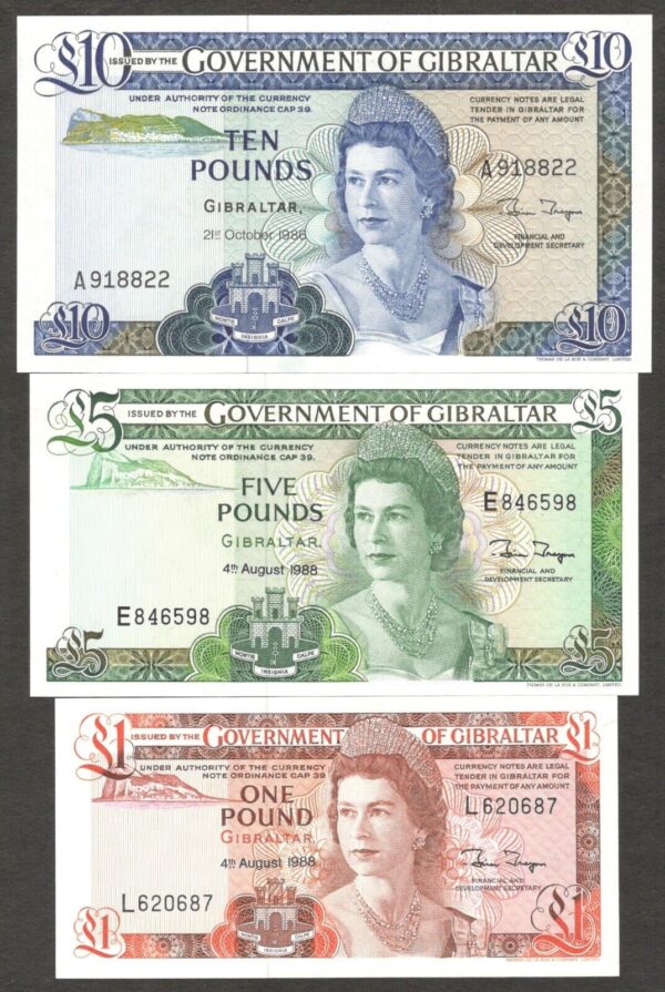 Set 3 Pcs Gibraltar 1 5 10 Pound Queen Elizabeth II P-20 to P-22 1988 UNC