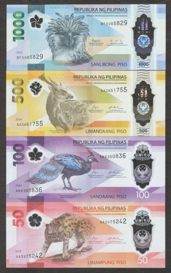 Full Set 4 Pcs Philippines 50 100 500 1000 Pesos Fauna Polymer 2024 - 2025 UNC