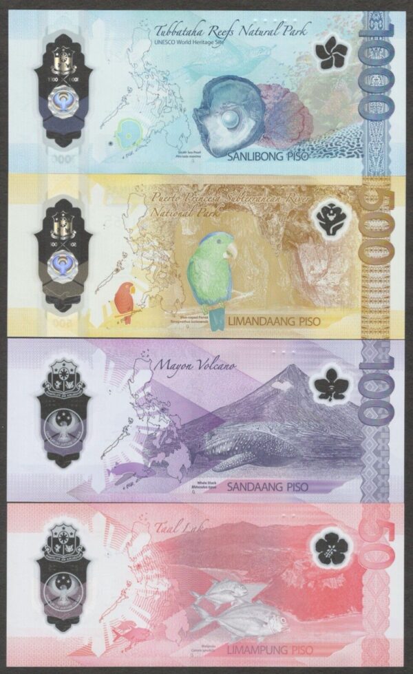 Full Set 4 Pcs Philippines 50 100 500 1000 Pesos Fauna Polymer 2024 - 2025 UNC - Image 2