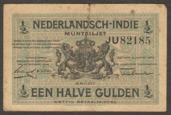 Netherlands Indies Indonesia 0.5 1/2 Gulden Muntbiljet P-102 1920 XF NET