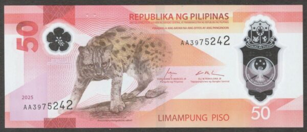 NEW PREFIX AA Philippines 50 Pesos Visayan Leopard Cat Polymer 2025 UNC