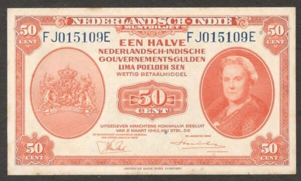 Netherlands Indies Civil Administration NICA 50 Cent 1943 UNC Yellow Tone