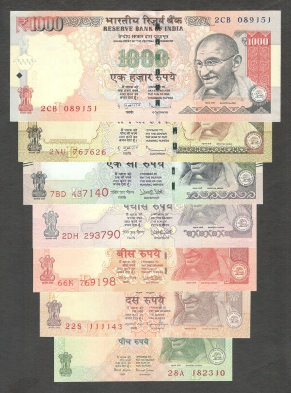 Full Set India 5 10 20 50 100 500 1000 1,000 Rupees 2009 - 2017 Random Year UNC