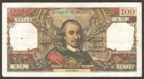 France 100 Francs Pierre Corneille P-149 1965 VF Spindle Hole