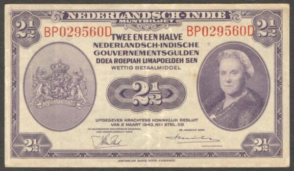 Netherlands Indies Civil Administration 2 1/2 2.5 Gulden P-112 1943 XF Crisp