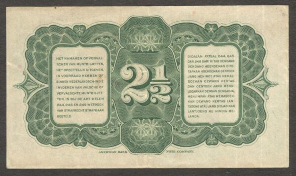 Netherlands Indies Civil Administration 2 1/2 2.5 Gulden P-112 1943 XF Crisp - Image 2