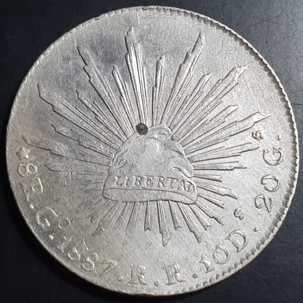 Mexico Second Republic 8 Reales 1887 Go RR Guanajuato Mint aUNC Details
