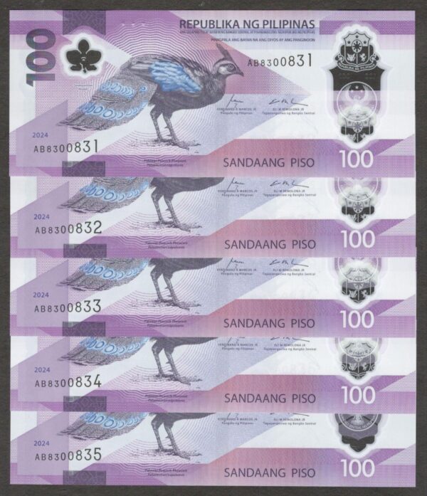 Lot 5 Pcs NEW Philippines 100 Pesos Palawan Peacock Pheasant Polymer 2024 UNC