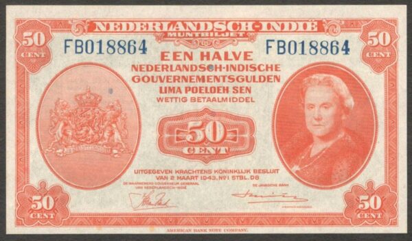 Netherland Indies Civil Administration Indonesia 50 Cent P-110 1943 UNC