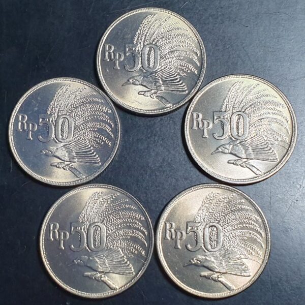Lot 5 Pcs Indonesia 50 Rupiah Bird of Paradise 1971 UNC Taken from Roll