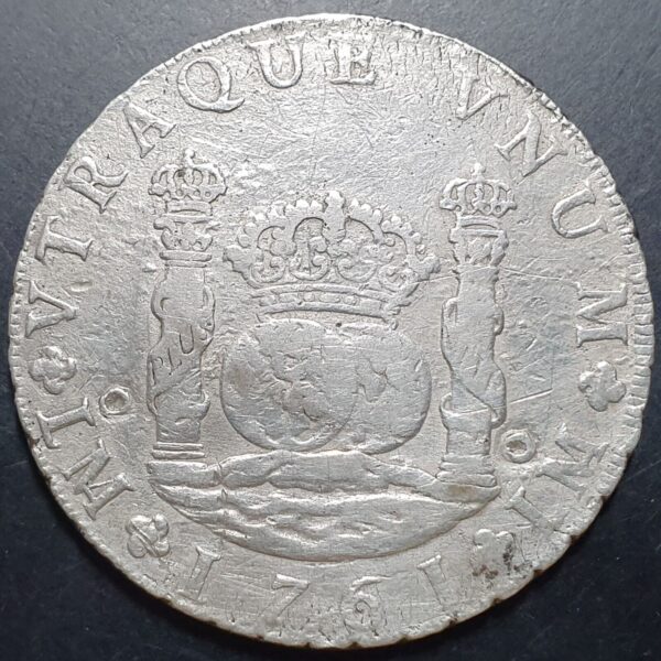Peru Spanish Colonial 8 Reales Two Pillar Carol Carolus III 1761 LM JM Lima Mint