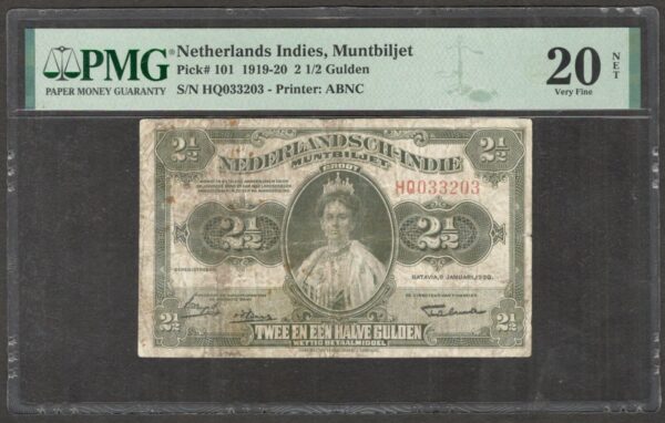 Netherlands Indies Indonesia 2 1/2 2.5 Gulden Wilhelmina 1920 PMG 20 NET