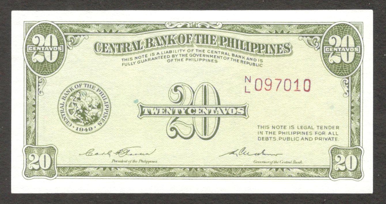 Philippines 20 Centavos English Series Garcia P-130b 1949 UNC No Stain