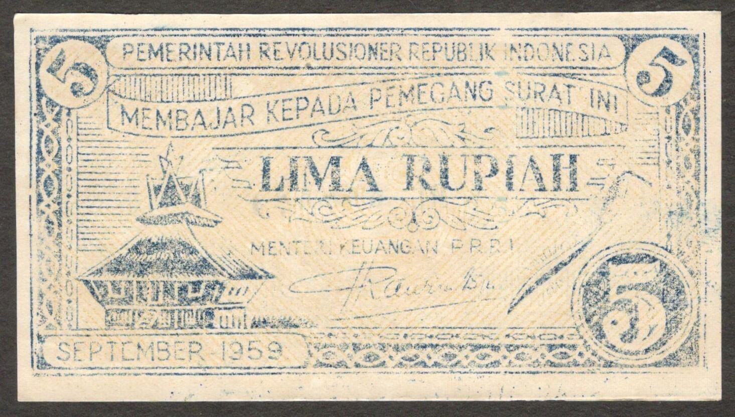 Revolutionary Government of Indonesia PRRI 5 Rupiah Blue PS-462 1959 UNC Scarce