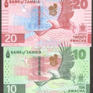 Set 2 Pcs Zambia 10 20 Kwacha Animal Hybrid P-62 63 2024 UNC