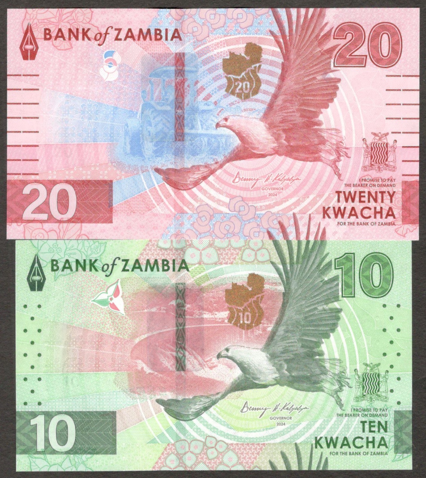 Set 2 Pcs Zambia 10 20 Kwacha Animal Hybrid P-62 63 2024 UNC