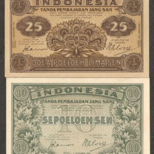 Netherlands Indies Indonesia Set 2 Pcs 10 25 Sen P-31 P-32 1947 UNC No Stain
