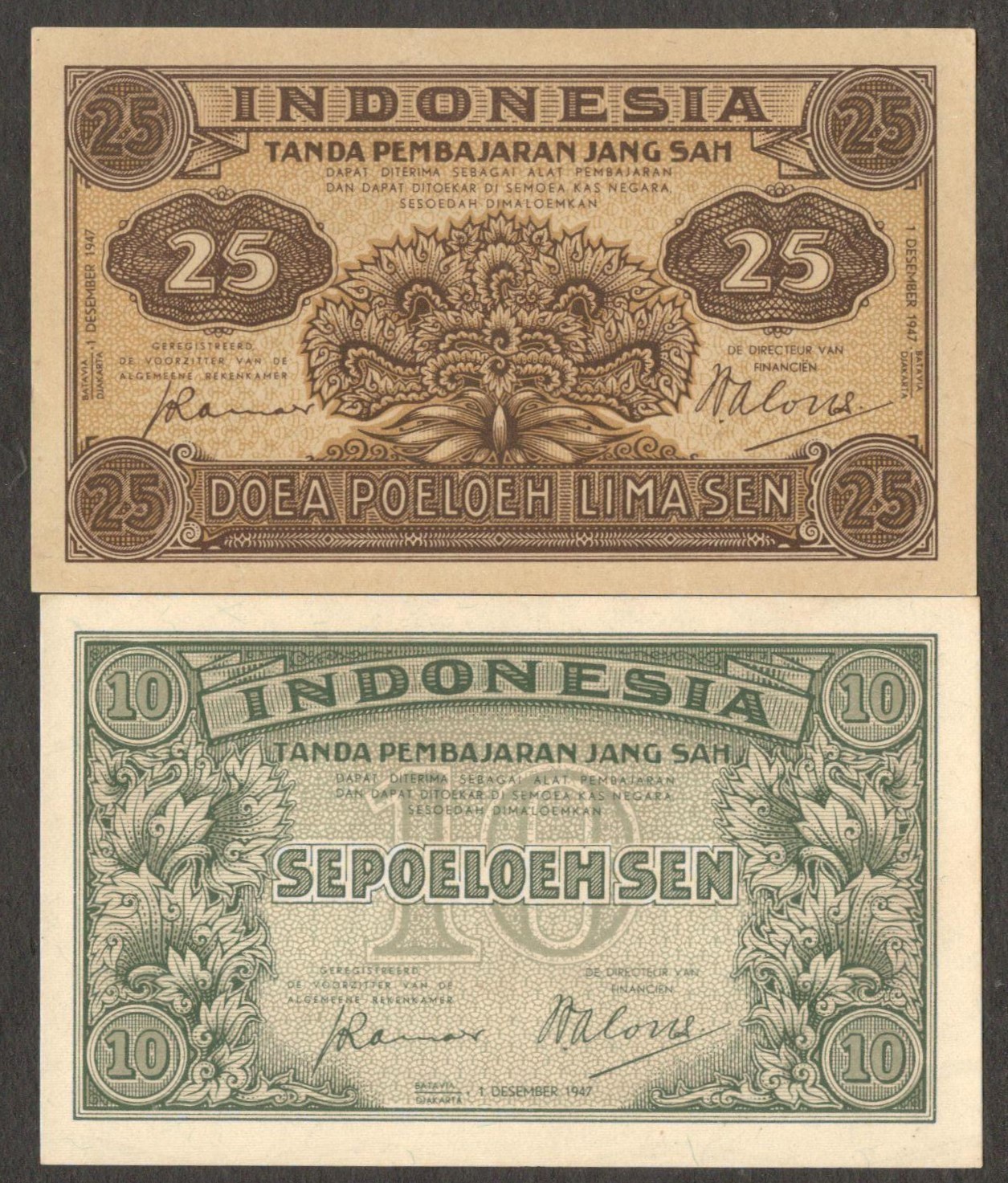 Netherlands Indies Indonesia Set 2 Pcs 10 25 Sen P-31 P-32 1947 UNC No Stain