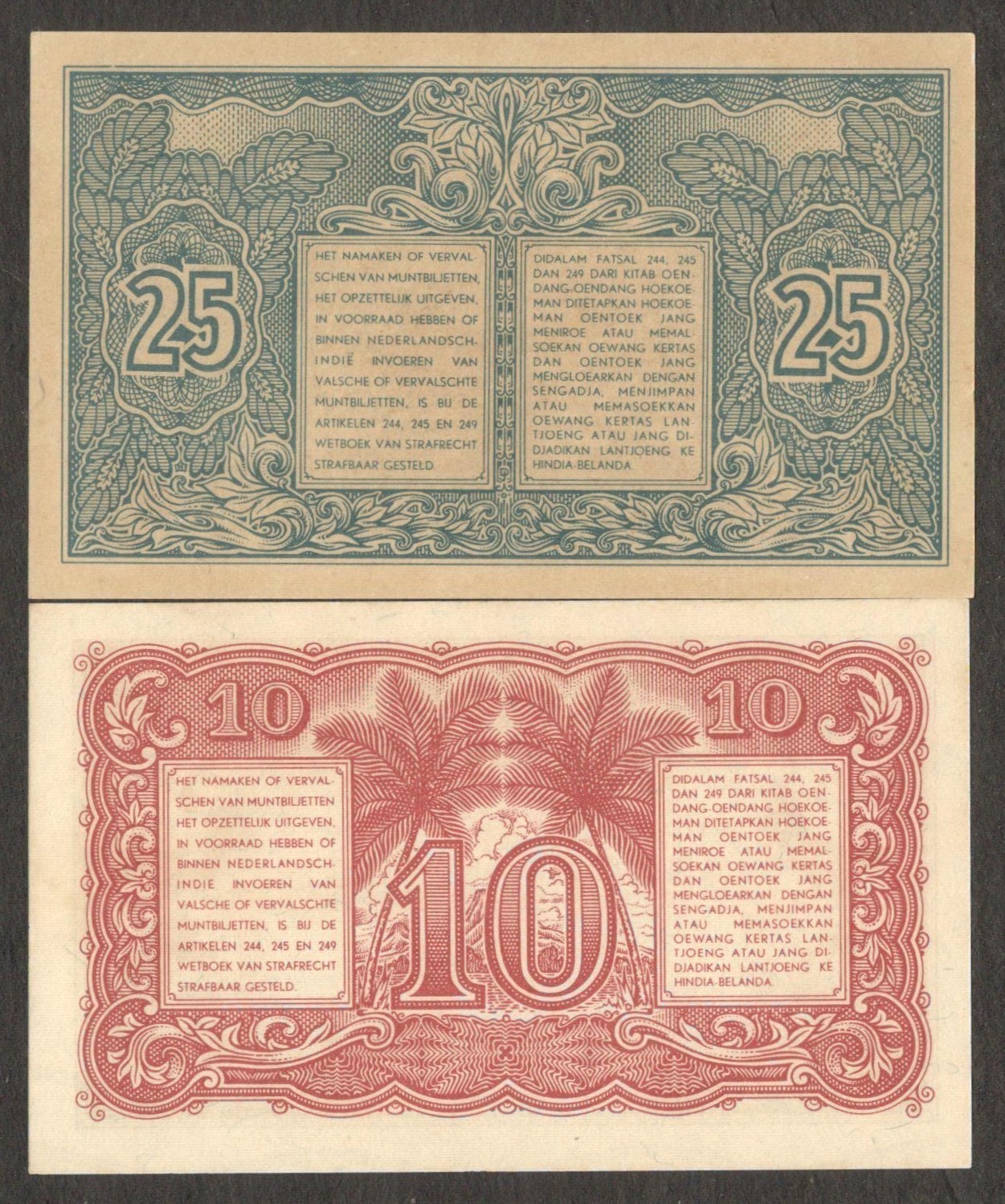 Netherlands Indies Indonesia Set 2 Pcs 10 25 Sen P-31 P-32 1947 UNC No Stain - Image 2