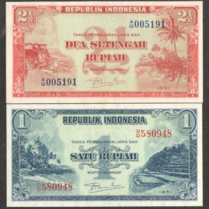 Indonesia Full Set 2 Pcs 1 2 1/2 2.5 Rupiah P-38 P-39 1951 UNC No Stain