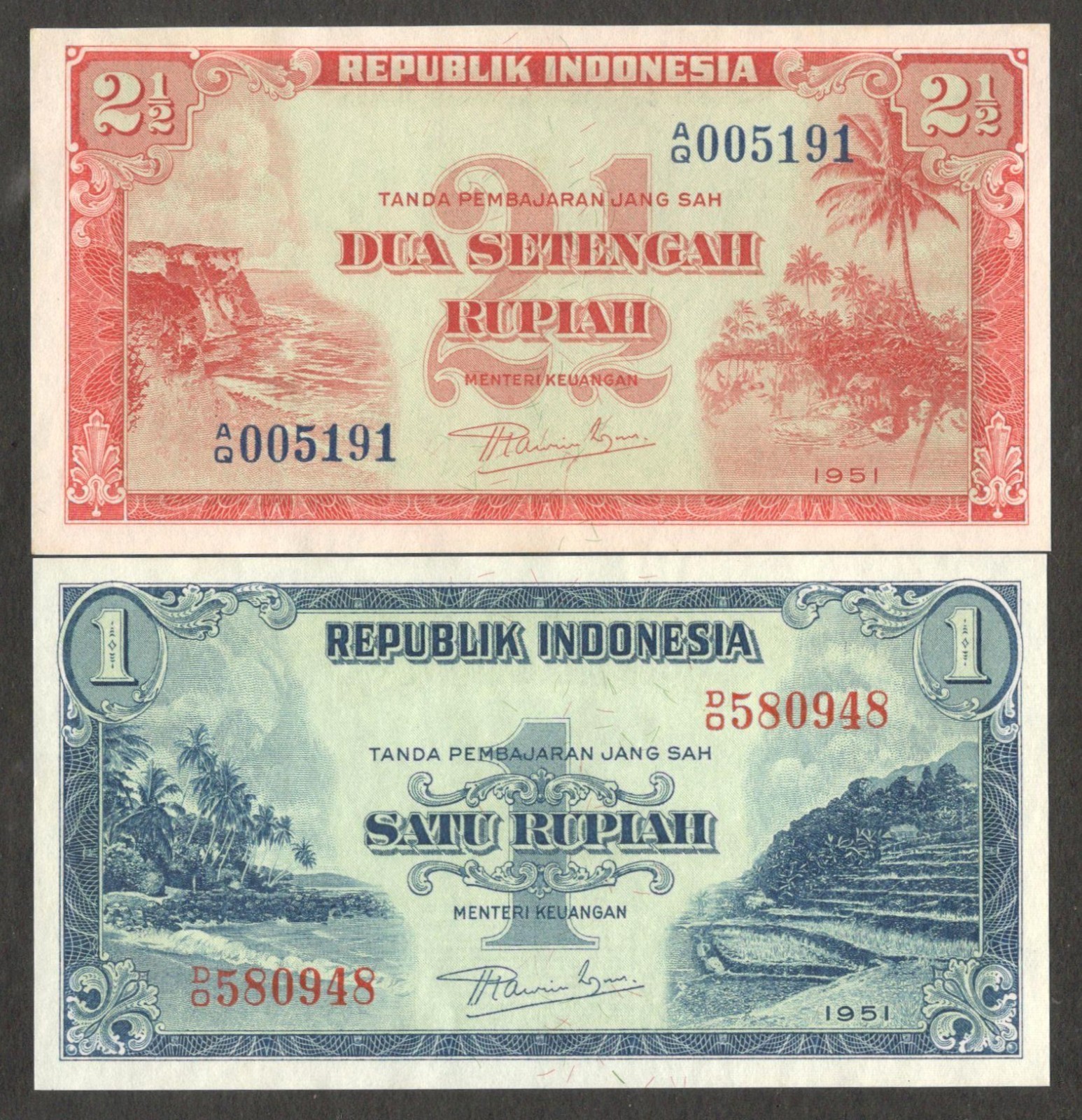 Indonesia Full Set 2 Pcs 1 2 1/2 2.5 Rupiah P-38 P-39 1951 UNC No Stain