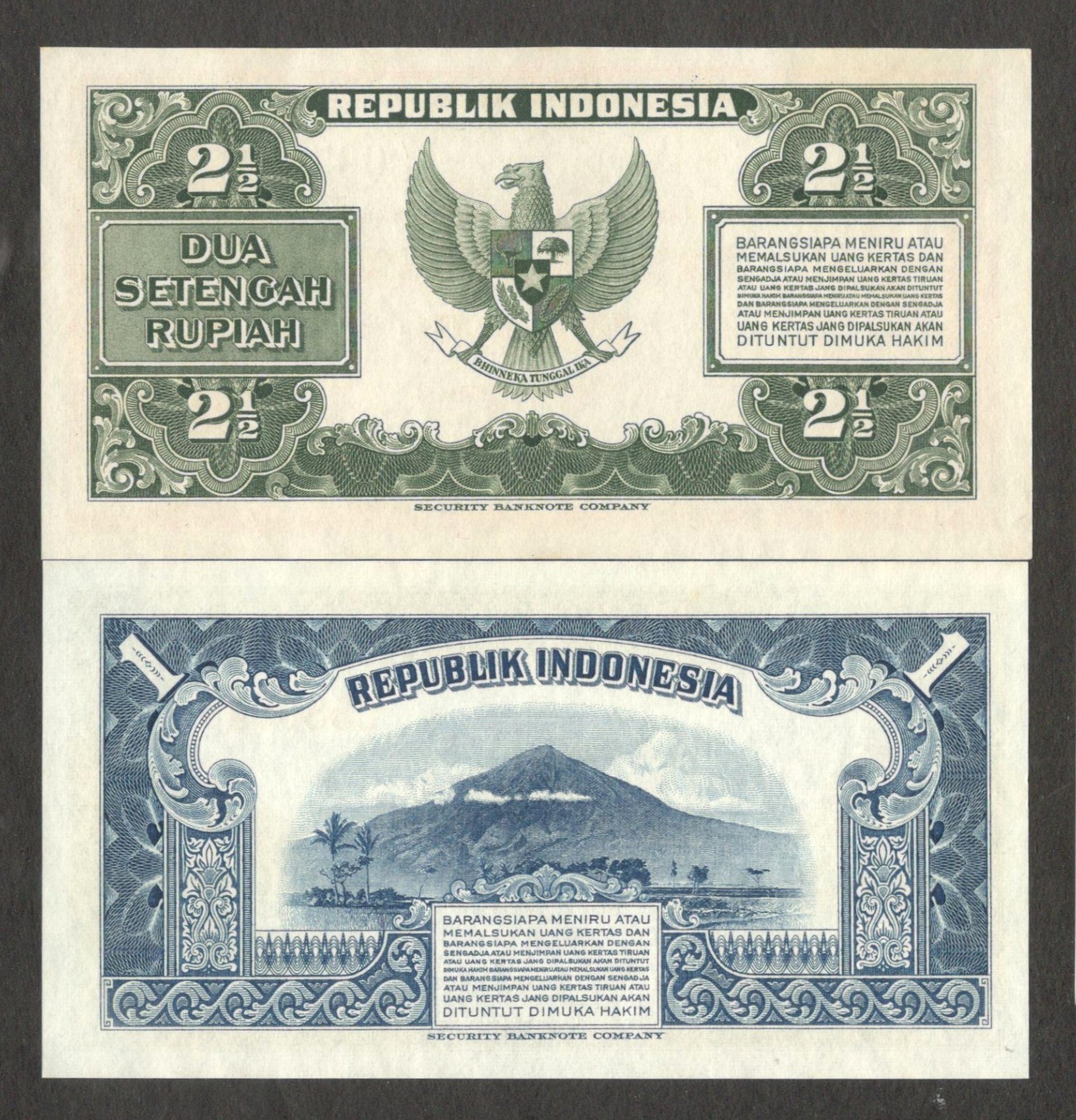 Indonesia Full Set 2 Pcs 1 2 1/2 2.5 Rupiah P-38 P-39 1951 UNC No Stain - Image 2