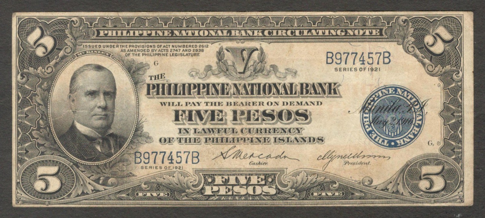 Philippines National Bank 5 Pesos McKinley P-53 1921 VF