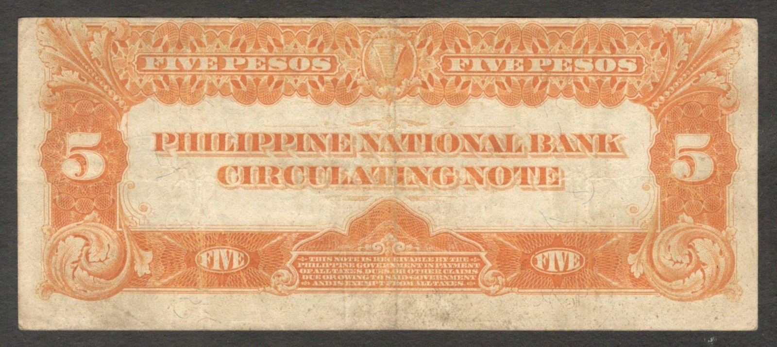 Philippines National Bank 5 Pesos McKinley P-53 1921 VF - Image 2