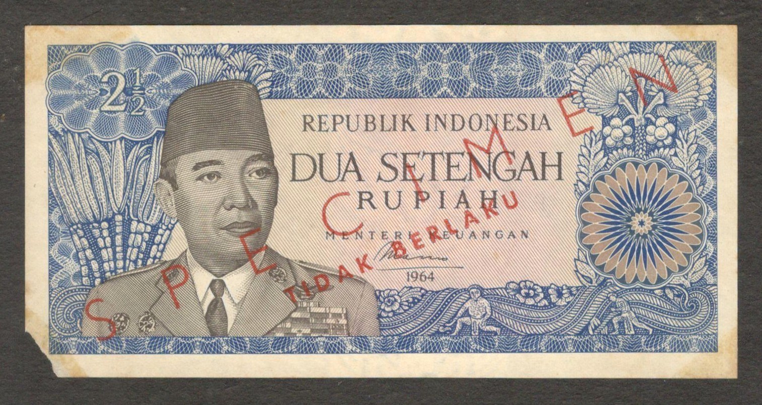 Indonesia 2 1/2 2.5 Rupiah Specimen President Soekarno P-81bs 1964 aUNC