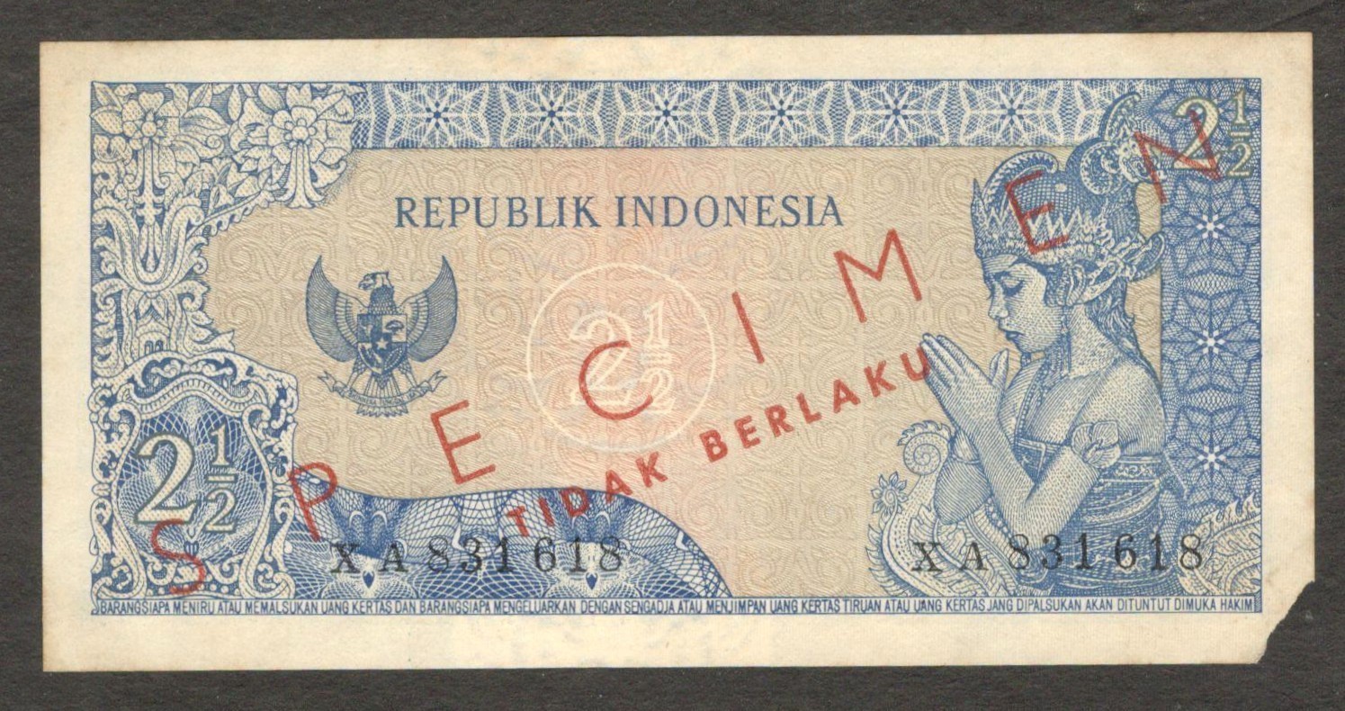 Indonesia 2 1/2 2.5 Rupiah Specimen President Soekarno P-81bs 1964 aUNC - Image 2