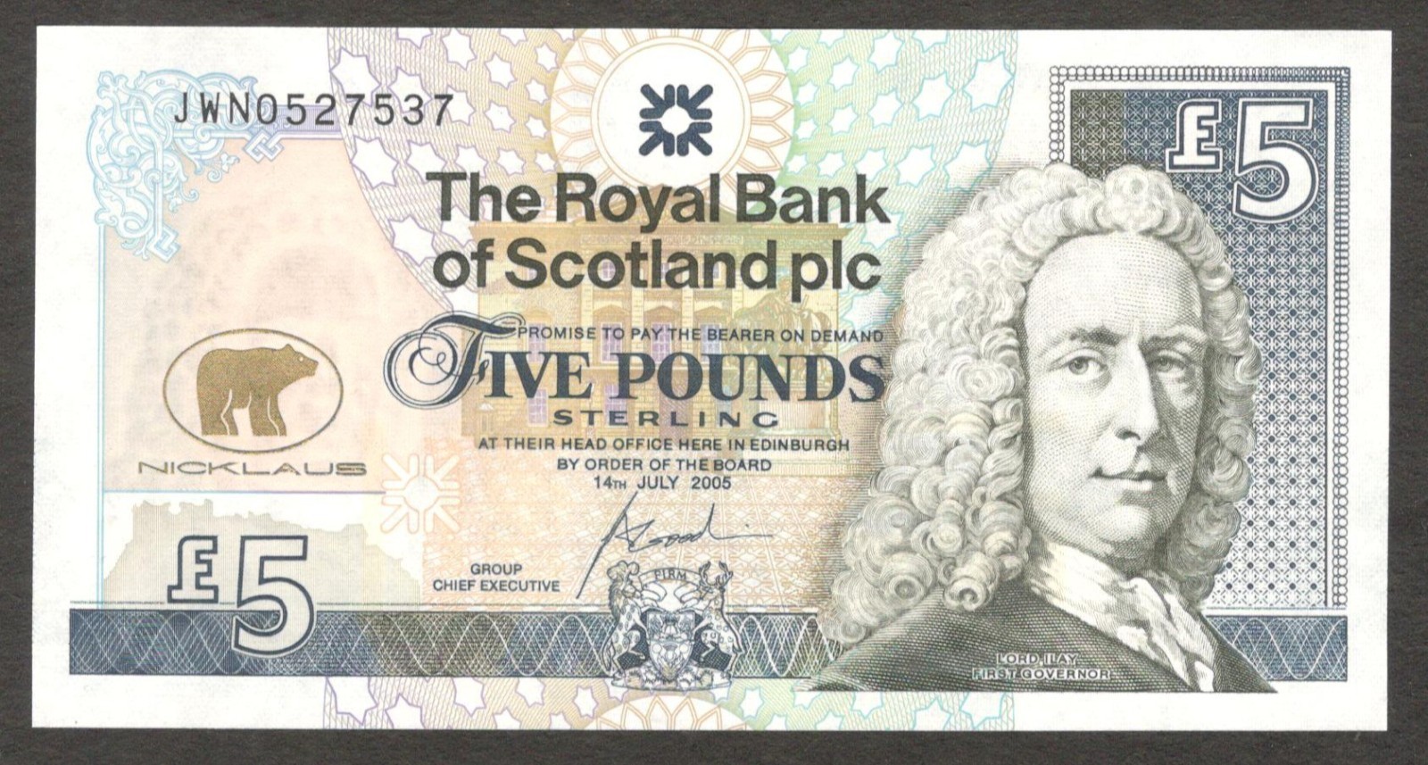Scotland Royal Bank of 5 Pounds Jack William Nicklaus P-365 2005 UNC
