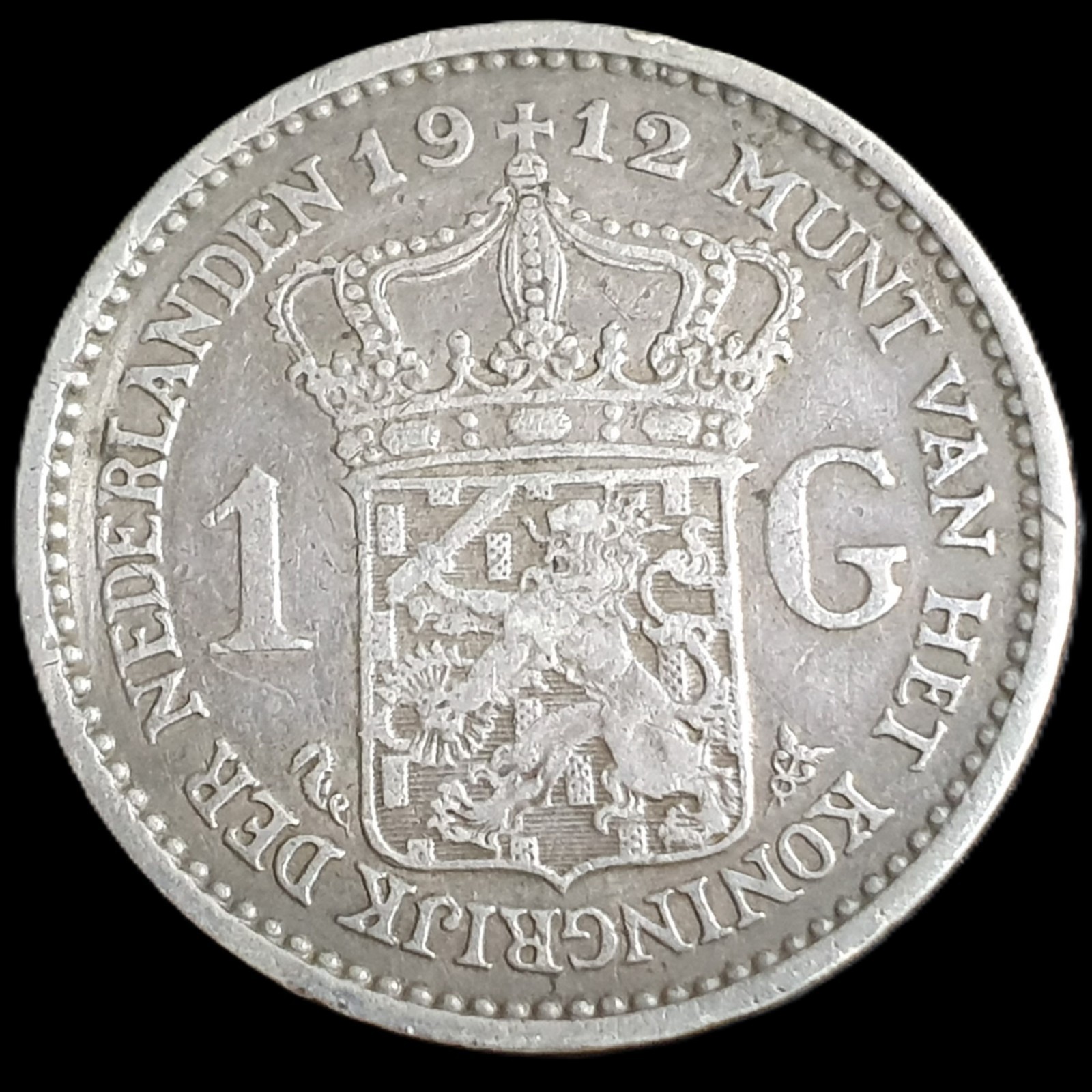 Netherlands 1 Gulden Wilhelmina Crown 1912 XF Light Blue Toning - Image 2