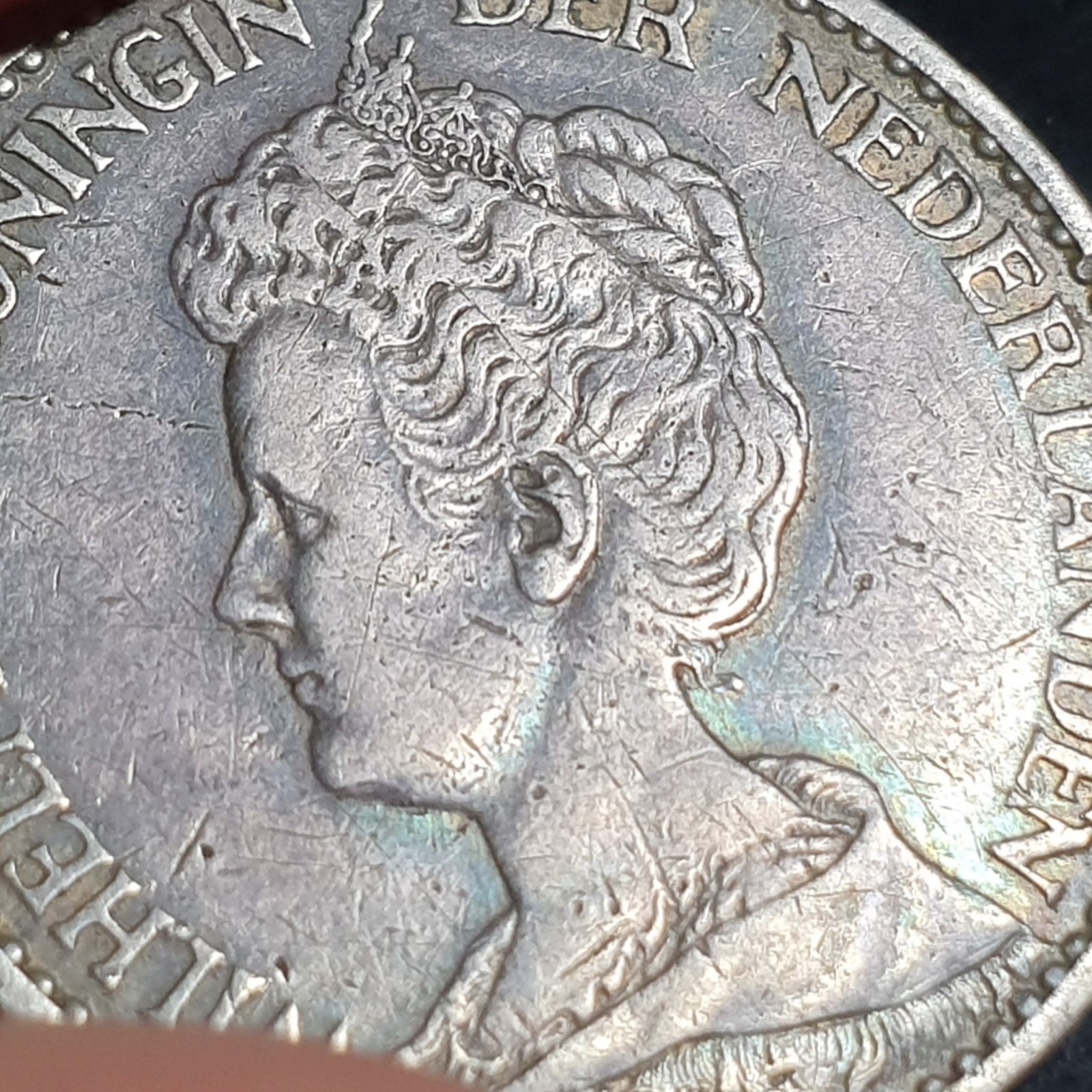 Netherlands 1 Gulden Wilhelmina Crown 1912 XF Light Blue Toning - Image 3