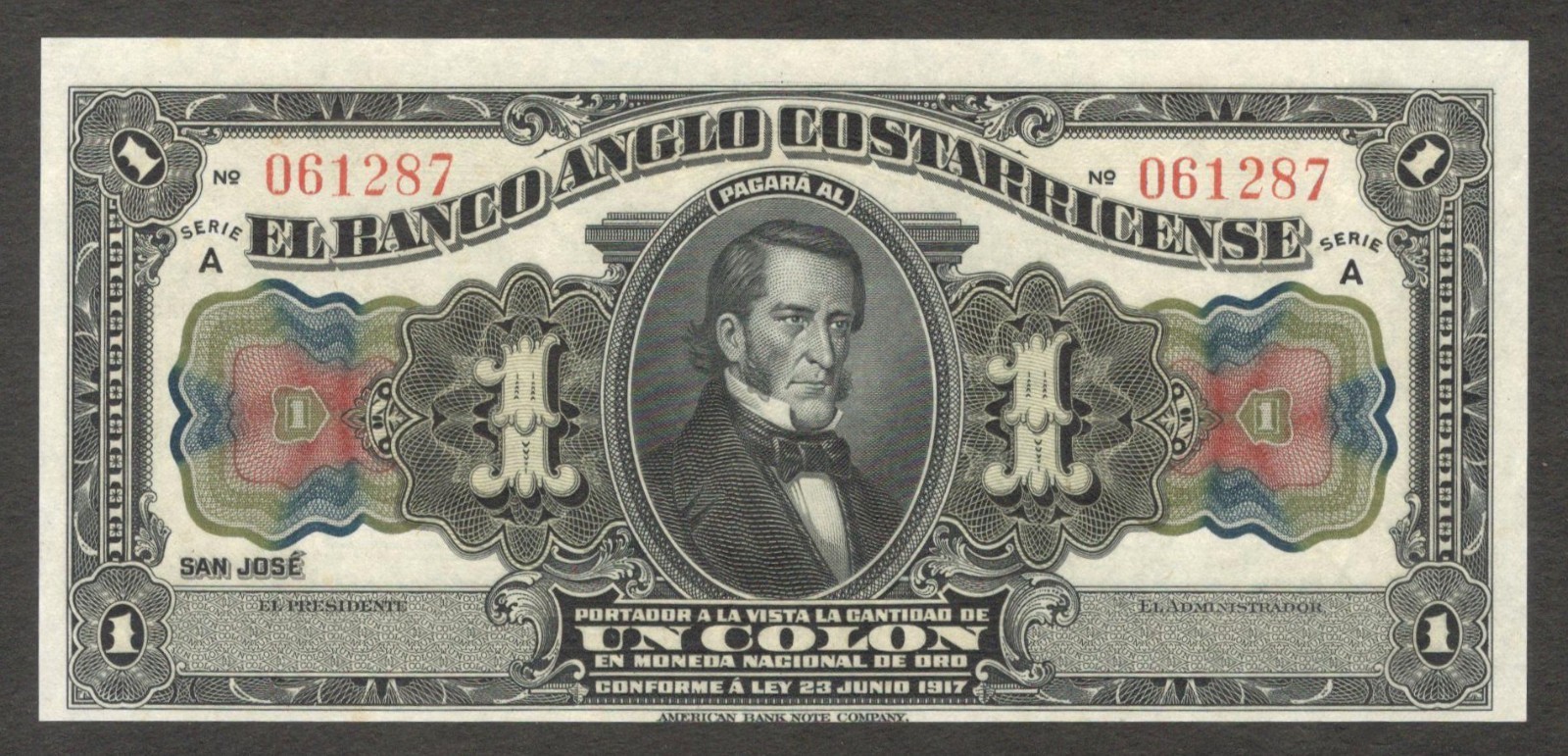 Costa Rica 1 Colon President José Rafael P-S121 1917 UNC