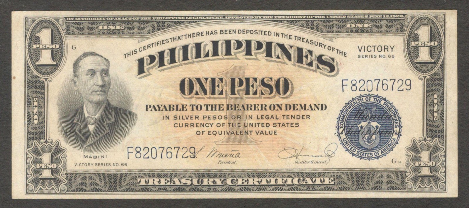 Philippines 1 Peso Victory Series Apolinario Mabini P-94 1944 aUNC