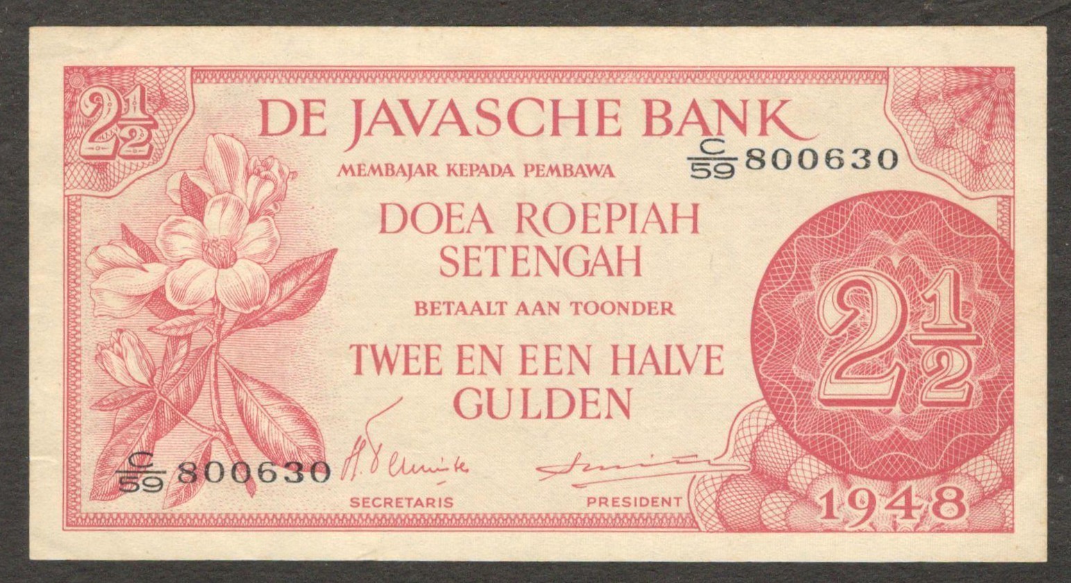 Netherlands Indies Indonesia 2 1/2 2.5 Gulden P-99 1948 AU Original