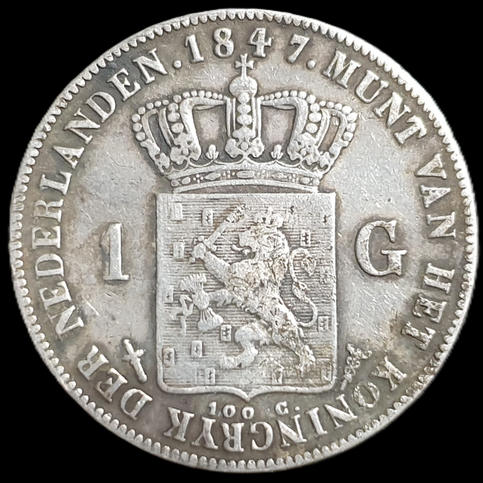 Netherlands 1 Gulden Willem William II 1847 VF Sharp Detail - Image 2