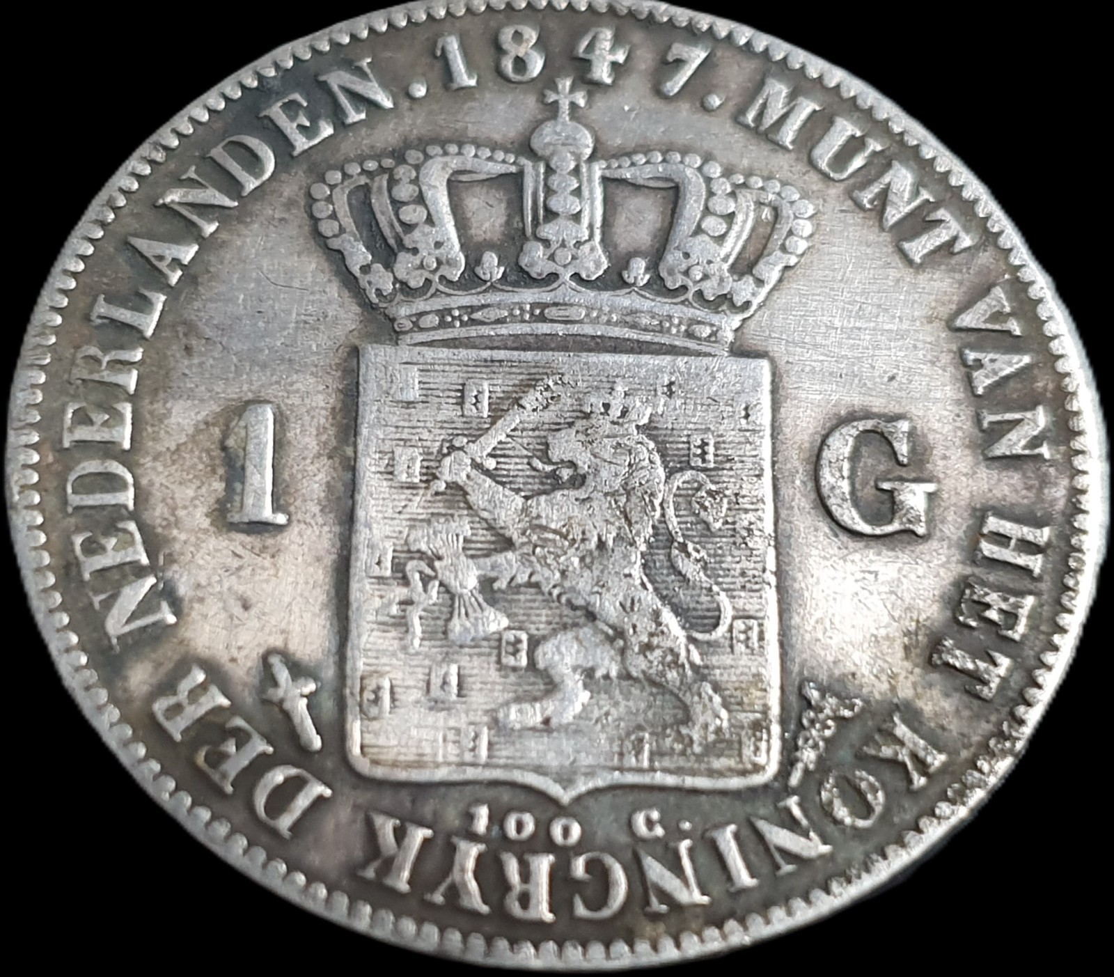 Netherlands 1 Gulden Willem William II 1847 VF Sharp Detail - Image 4