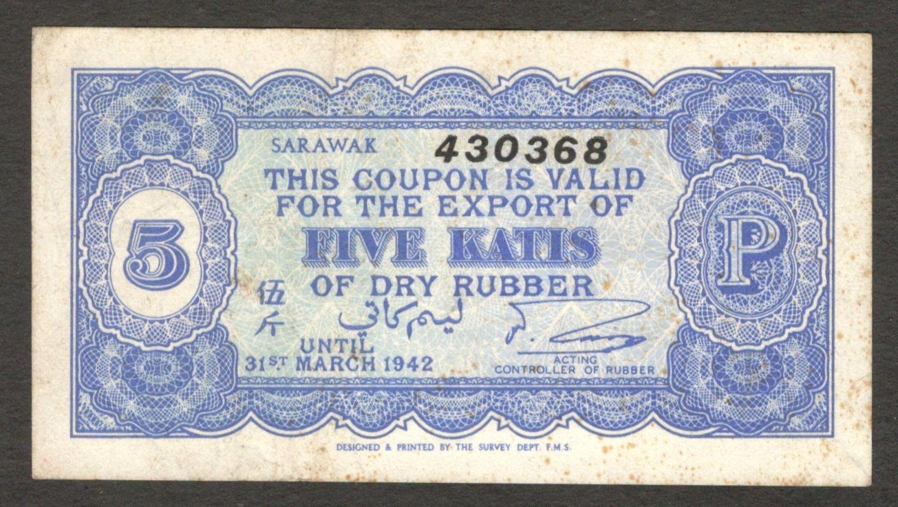 Sarawak Rubber Coupon Export 5 Katis 1942 VF