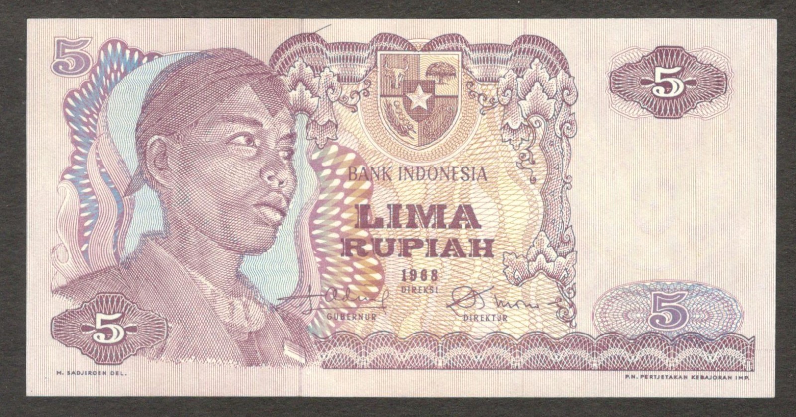 Indonesia 5 Rupiah General Sudirman Water Dam P-104 1968 UNC