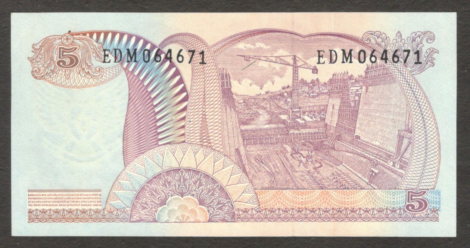 Indonesia 5 Rupiah General Sudirman Water Dam P-104 1968 UNC - Image 2