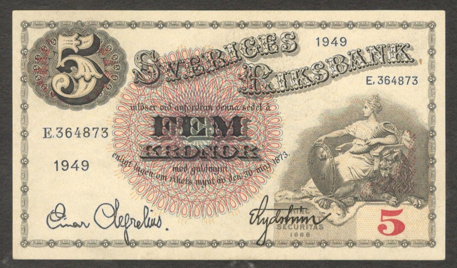 Sweden 5 Kronor King Gustav Vasa P-33af 1949 UNC