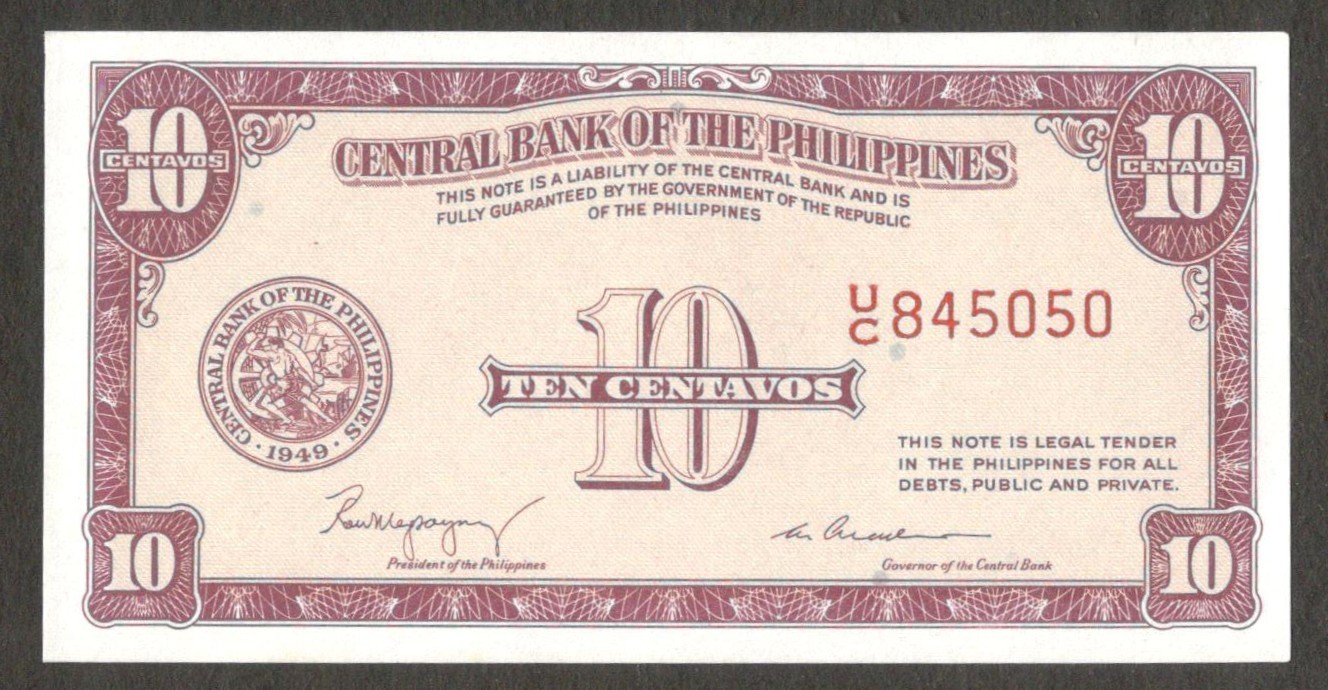 Philippines 10 Centavos English Series Magsaysay P-128 1949 UNC No Stain