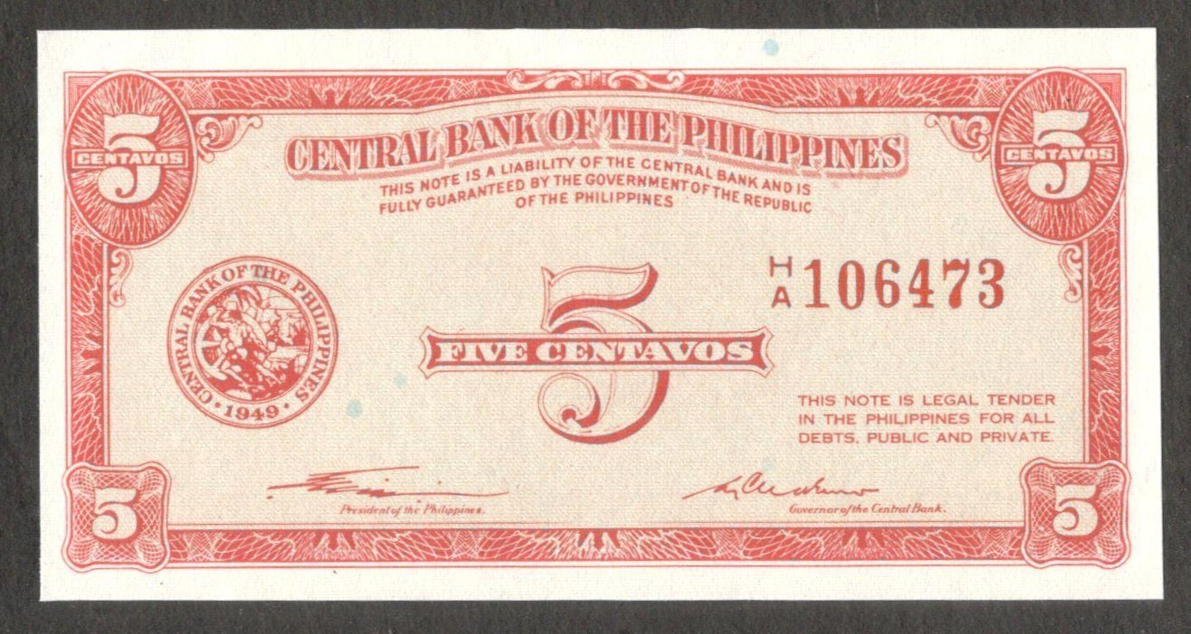 Philippines 5 Centavos English Series Garcia P-125 1949 UNC No Stain