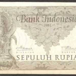 Indonesia 10 Rupiah Goddess Prajnaparamita Pertjetakan Kebajoran P-43b 1952 aUNC