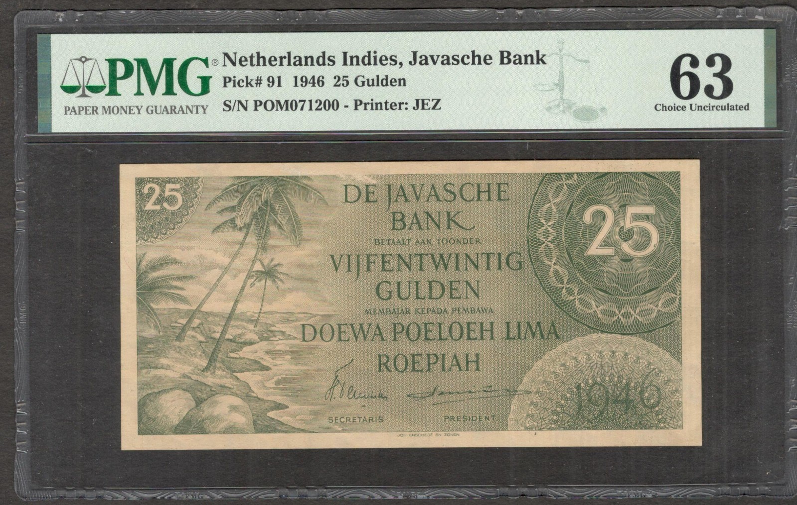 Netherlands Indies Indonesia 25 Gulden Coconut Tree Green P-91 1946 PMG 63 ChUNC