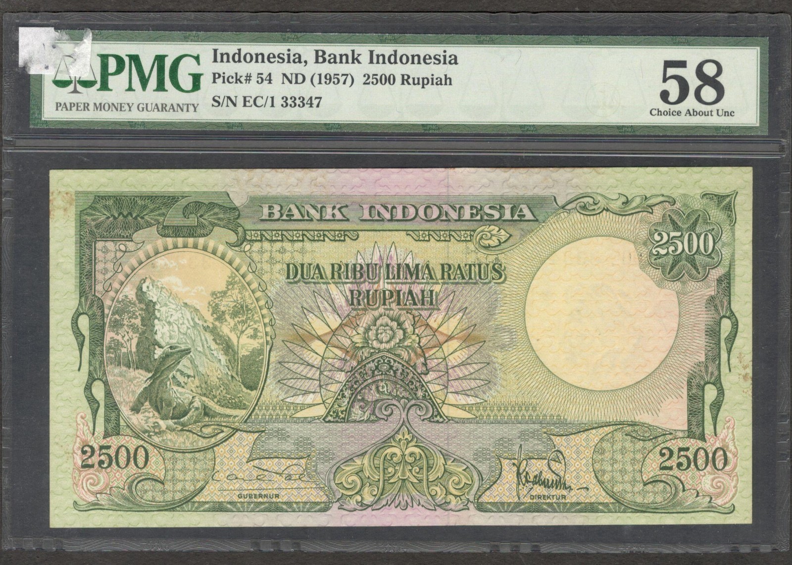 Indonesia 2500 2,500 Rupiah Komodo Lizard P-54 1957 PMG 58 Ch aUNC No Remark