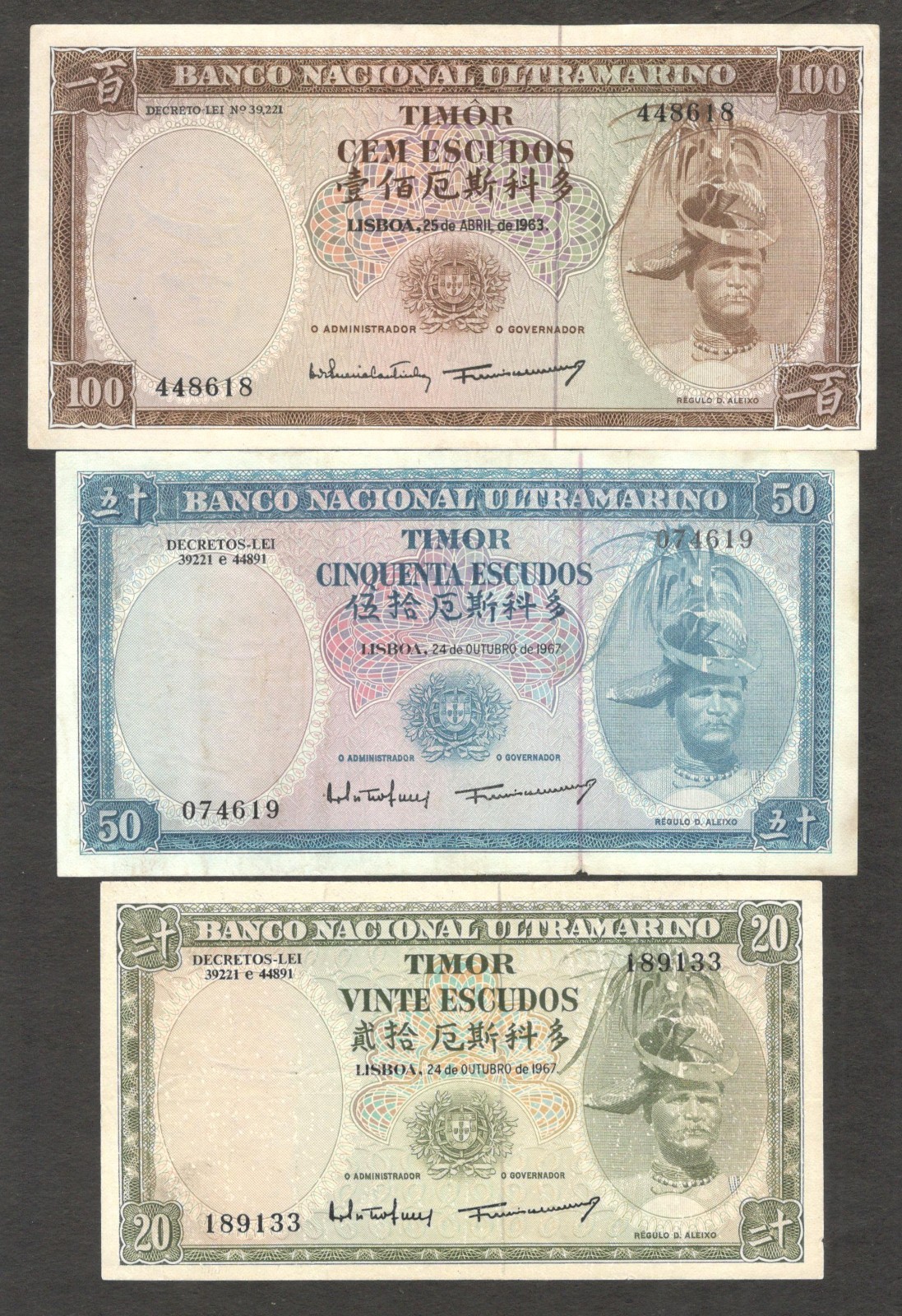 Timor 20 50 100 Escudos P-26 P-27 P-28 1963 1967 Fine to XF