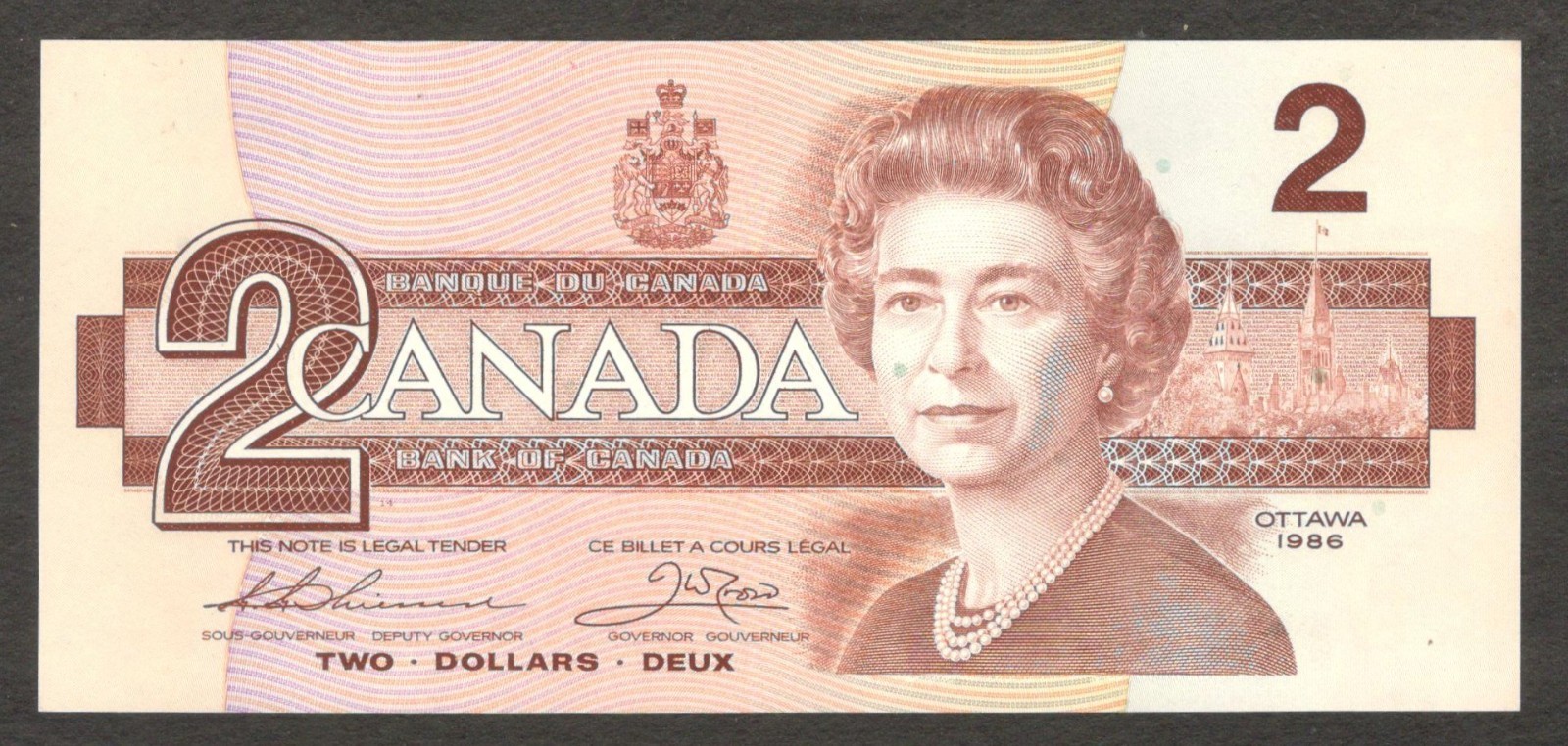 Canada 2 Dollars Queen Elizabeth II Thiessen & Crow P-94b 1986 UNC